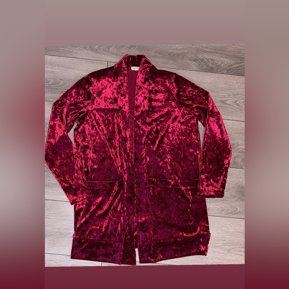 Sweet Pea Size Medium Crushed Velvet Velour Open Front Long Cardigan Red EUC